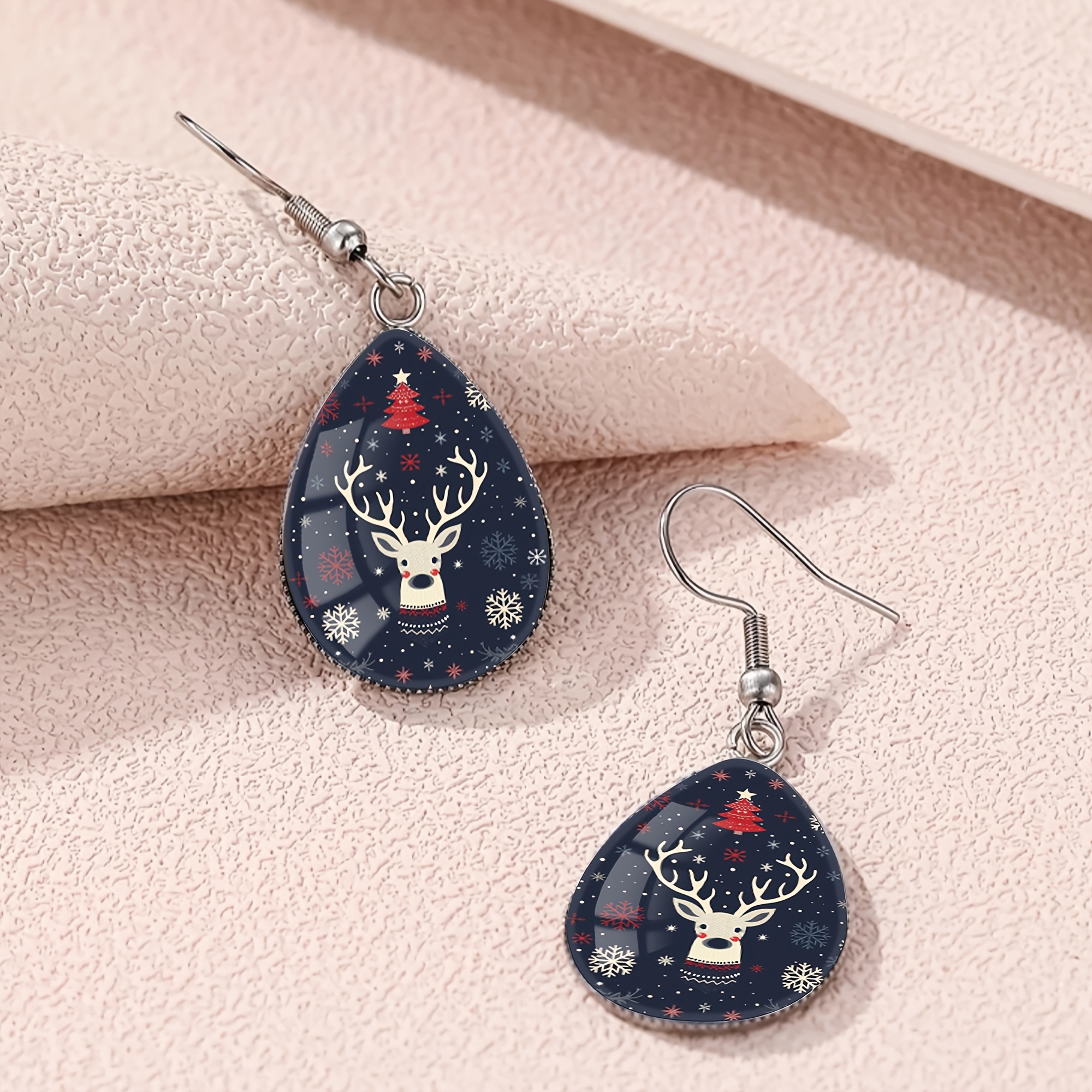Navy Base Christmas Reindeer Pattern Teardrop Earrings